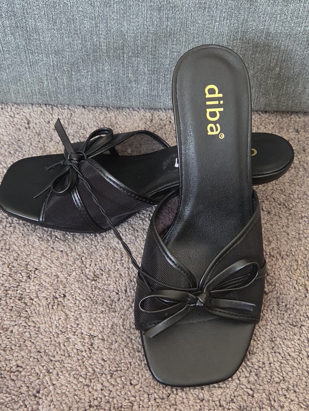 Diba Black Mesh Bow Kitten Heel Slip On Slide Mules Sandals Size 5.5, NWOB